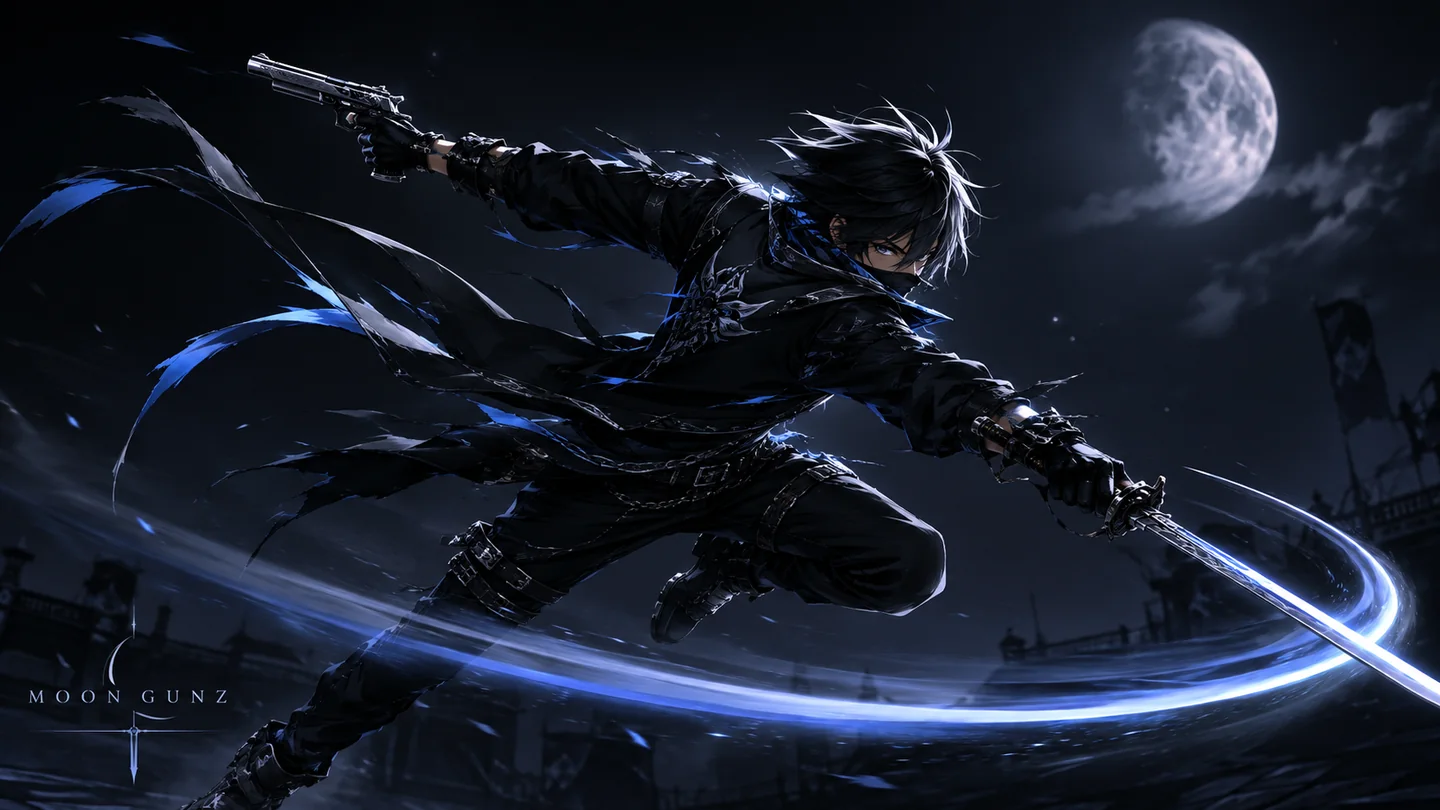 Arte de Moon Gunz com personagem em salto usando pistola e espada sob a lua