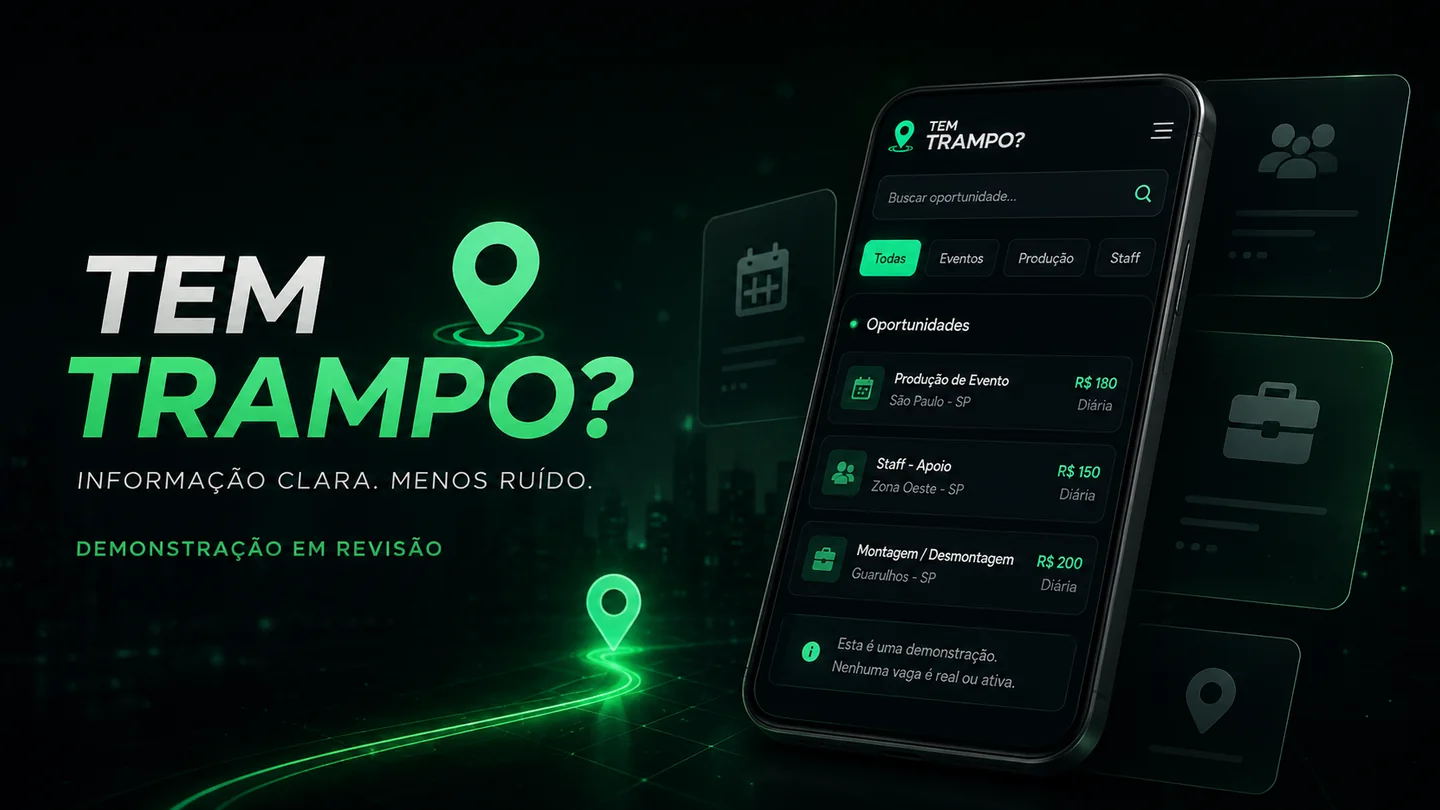 Arte do Tem Trampo? com interface mobile de oportunidades e identidade verde